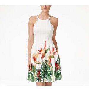 NWT Calvin Klein White Multicolor Sun Dress Sz 12 Spaghetti Straps Tropical
